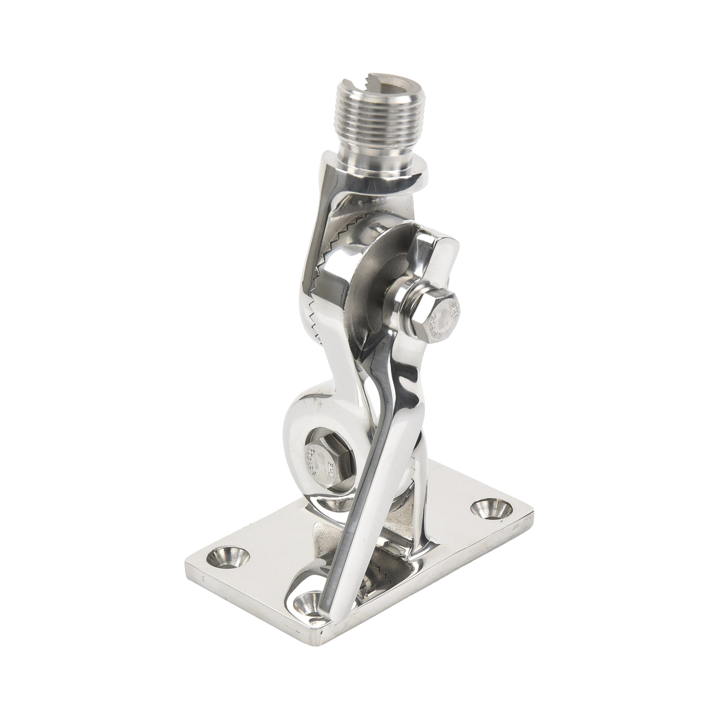 Montaje rotativo de acero inoxidable para uso pesado de 4 posiciones, rosca estándar de 1â€-14, incluye tornillos de sujeción y base de plástico.