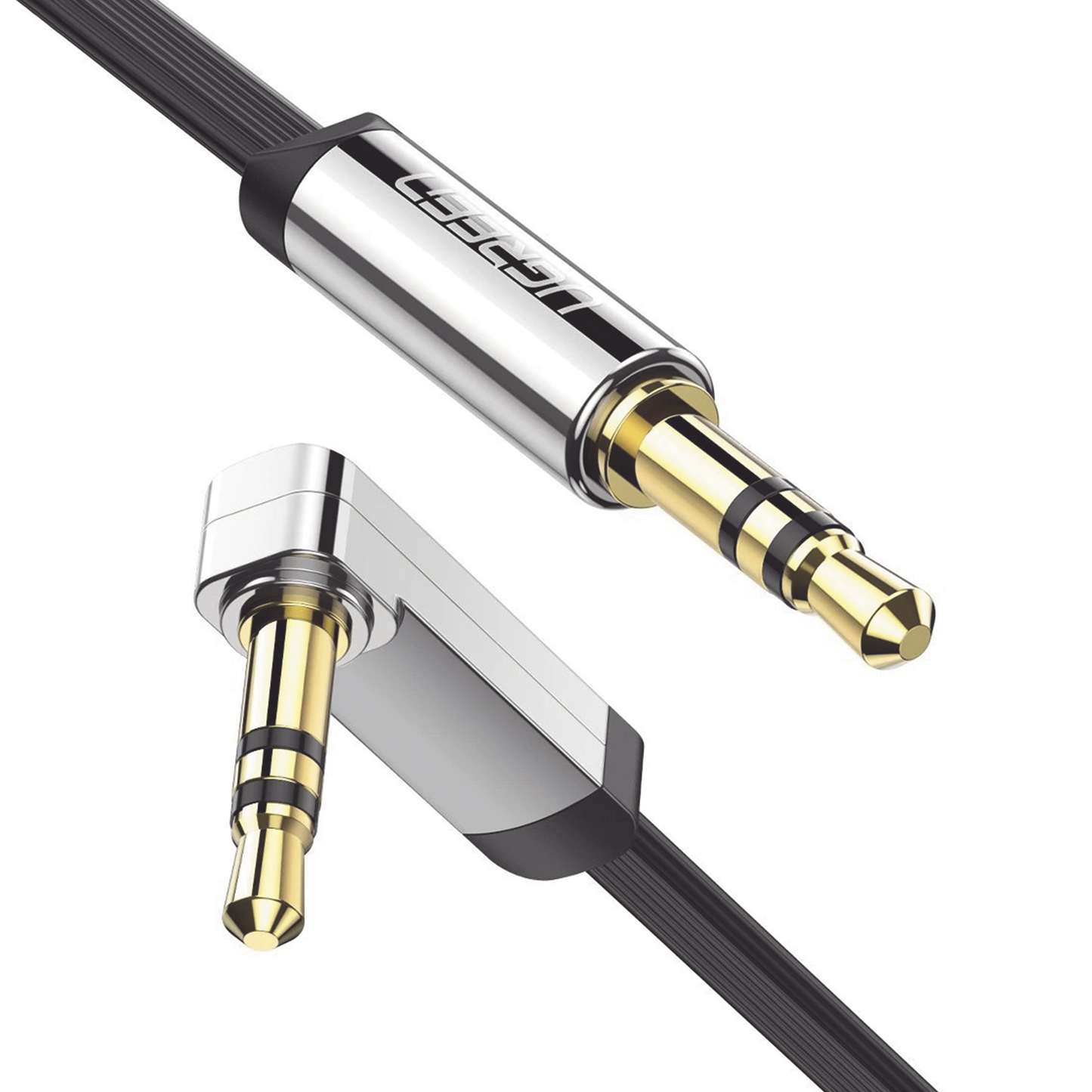 Cable Auxiliar Plano 2 Metros / Conector 3.5mm a 3.5mm / Macho-Macho / Recto a Angulo / Ãngulo de 90° en una de sus Puntas / Color Negro