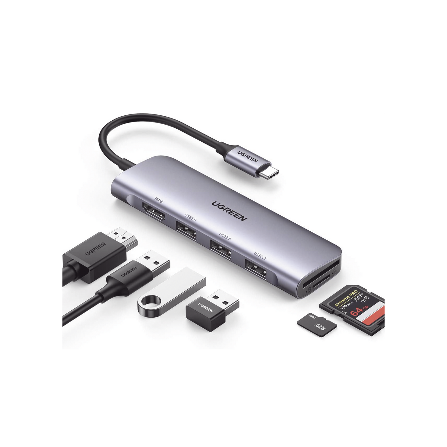 HUB USB-C (Docking Station) 6 en 1 | HDMI 4K@30Hz | 3 Puertos USB 3.0 | Lector Tarjeta SD + Micro SD (TF) Uso Simultáneo | Chip de Última Generación | Potente Disipación de Calor | Caja de Aluminio.