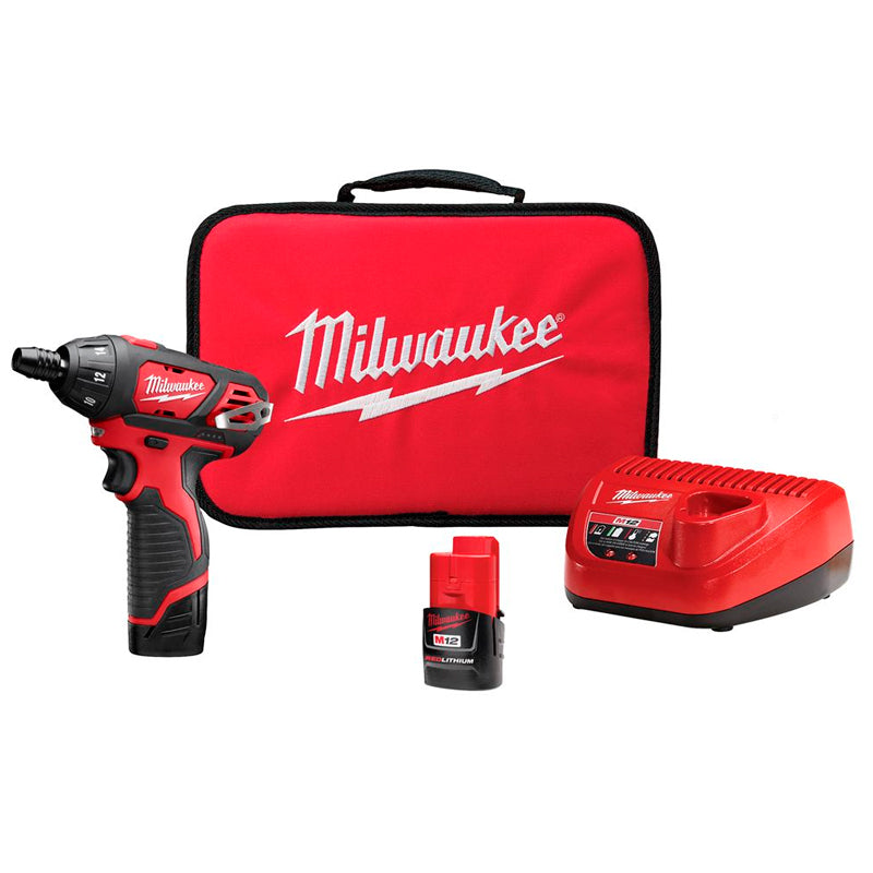 Kit inalámbrico de 1 herramienta, destornillador hexagonal de 1/4″ M12 con carbones 12 Voltios Ion de litio, dos baterías Cp 1.5 Amp + cargador + estuche de almacenaje.