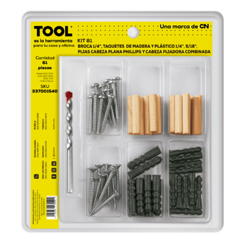 Kit 81 De Broca 1/4″, Pijas 10X1 1/2″ Y Taquetes De Madera Y Plástico