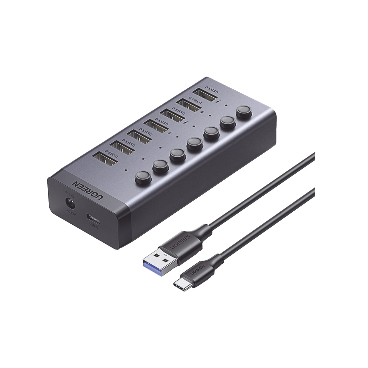 HUB de 7 Puertos USB 3.0 / 4 puertos de Carga Inteligente / Interruptor Individual / Indicadores LED / USB 3.0 a 5Gbps / 1 USB-C Hembra (solo datos) / Incluye Adaptador de Corriente 12V 2A / 7 en 1