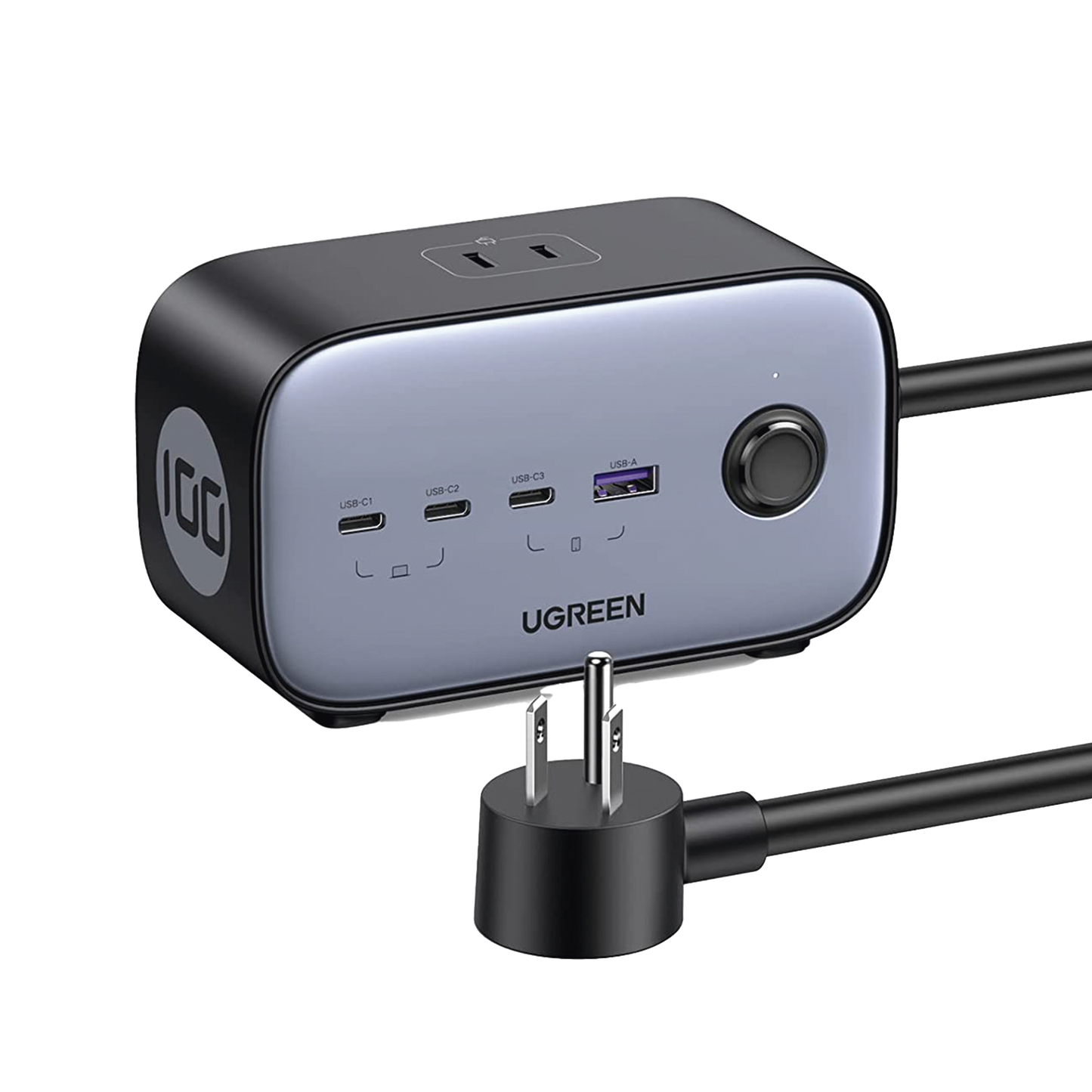 Cargador de Escritorio y Tomacorriente Múltiple | 3 Puertos USB-C | 1 Puertos USB-A | 3 Tomacorriente de CA | TecnologÃa GaN II | 1 USB 100W PD | Carga Rápida | Diseño Innovador en Forma de Cubo | Interruptor de Apagado.