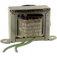 Transformador, energía, bobina, 1, Freq 50/60Hz, Pri 117VAC, Sec 6.3VAC, Sec 1A, UL