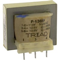 Transformador, energía, bobina, 1, Freq 50/60Hz, Pri 115VAC, Sec 12.6/25.2VAC, PWB
