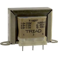 Transformador, energía, bobina, 1, Freq 50/60Hz, Pri 115VAC, Sec 7.5/15VAC, PWB, UL