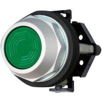 Botón, verde, bisel de plata, rubor, 1 bloque del contacto de N.O., serie HT800