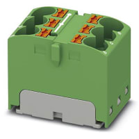 Bloque de distribución; 6-positions; Empuje hacia adentro, resorte; 32A; 600V; 10-24 AWG; Verde