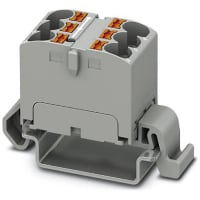 Bloque de distribución; Carril del estruendo; 6-positions; Empuje hacia adentro, resorte; 32A; 600V; 10-24 AWG; Gris