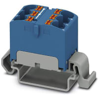 Bloque de distribución; Carril del estruendo; 6-positions; Empuje hacia adentro, resorte; 32A; 600V; 10-24 AWG; Azul