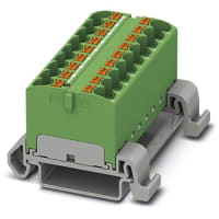 Bloque de distribución; Carril del estruendo; 18-positions; 32A; 600V; 10-24 AWG; Verde