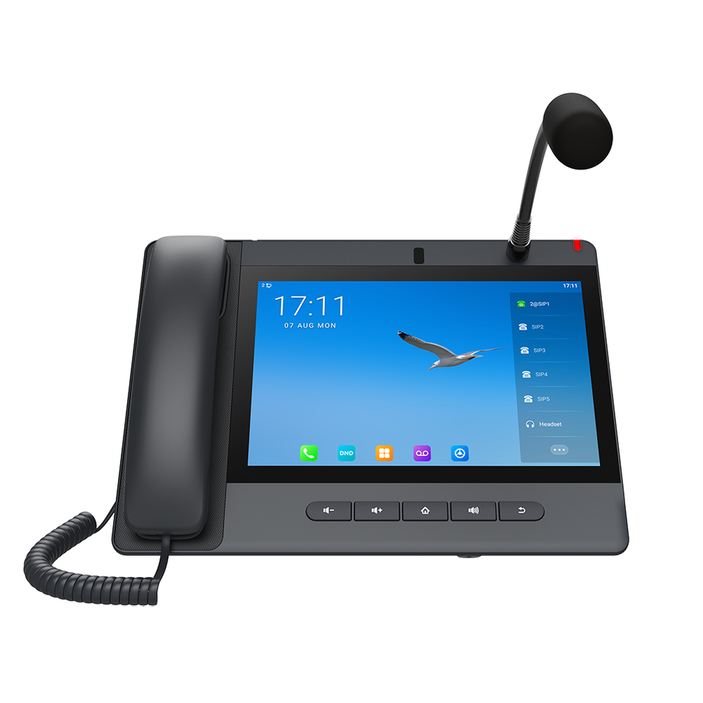 Teléfono IP Android 9.0 Empresarial para voceo 20 lÃneas SIP, pantalla táctil, Wi-Fi y Bluetooth, PoE, Voceo/ Musica por Multicast, puertos Gigabit, soporta recepción de video.