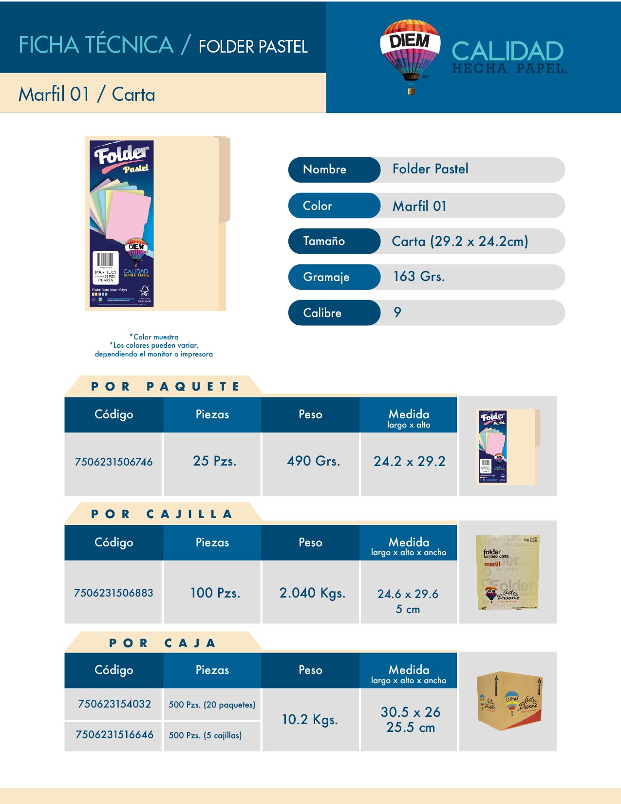 Folder Tamaño Carta DIEM. Color Crema. Cantidad: 100 Folders. Gramaje 163 grs. Calibre 9. Tamaño 29.2 x 24.2 cm. MF01C100.