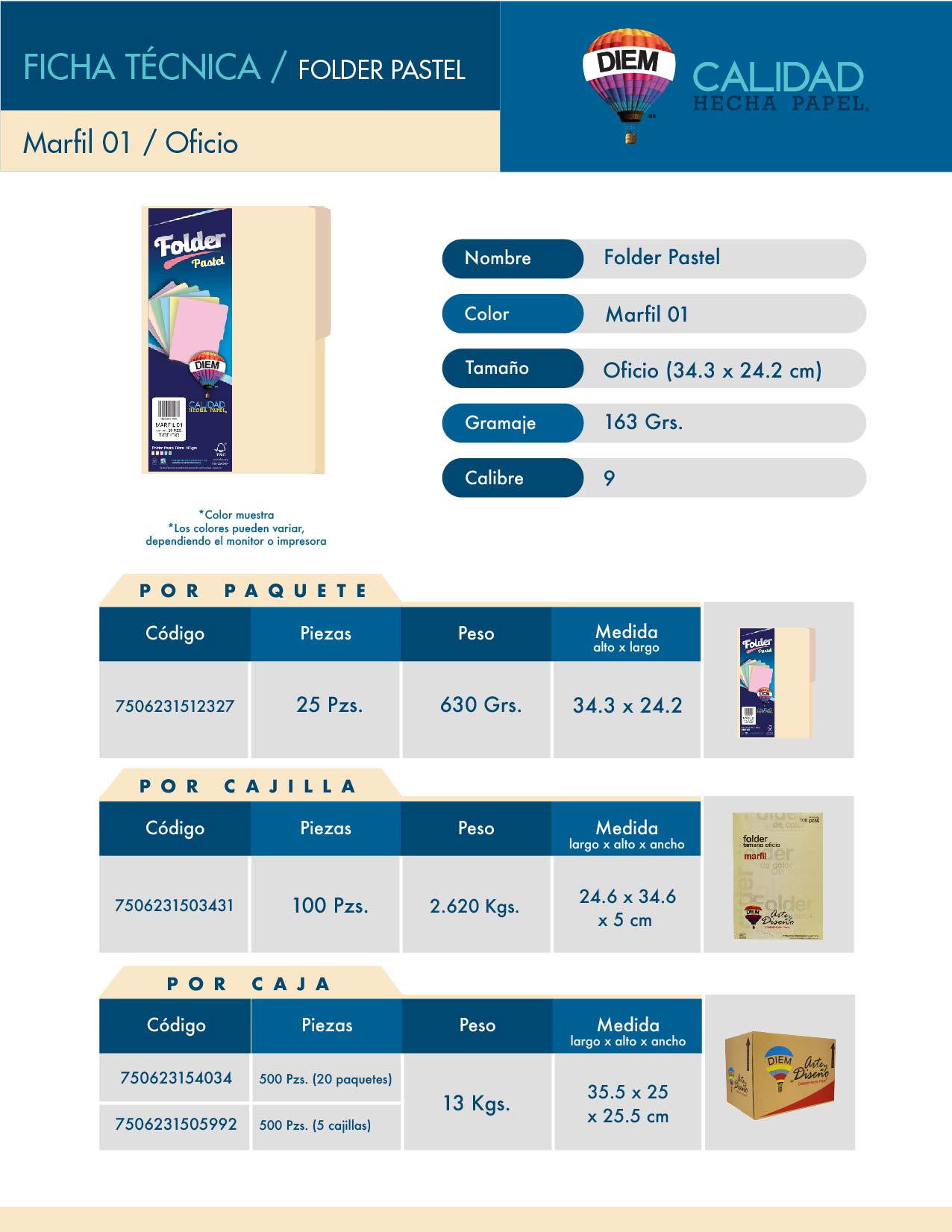 Folder Tamaño Oficio DIEM. Color Crema. Cantidad: 100 folders. Gramaje 163 grs. Calibre 9. Tamaño 34.3 x 24.2 cm. MF01OC100