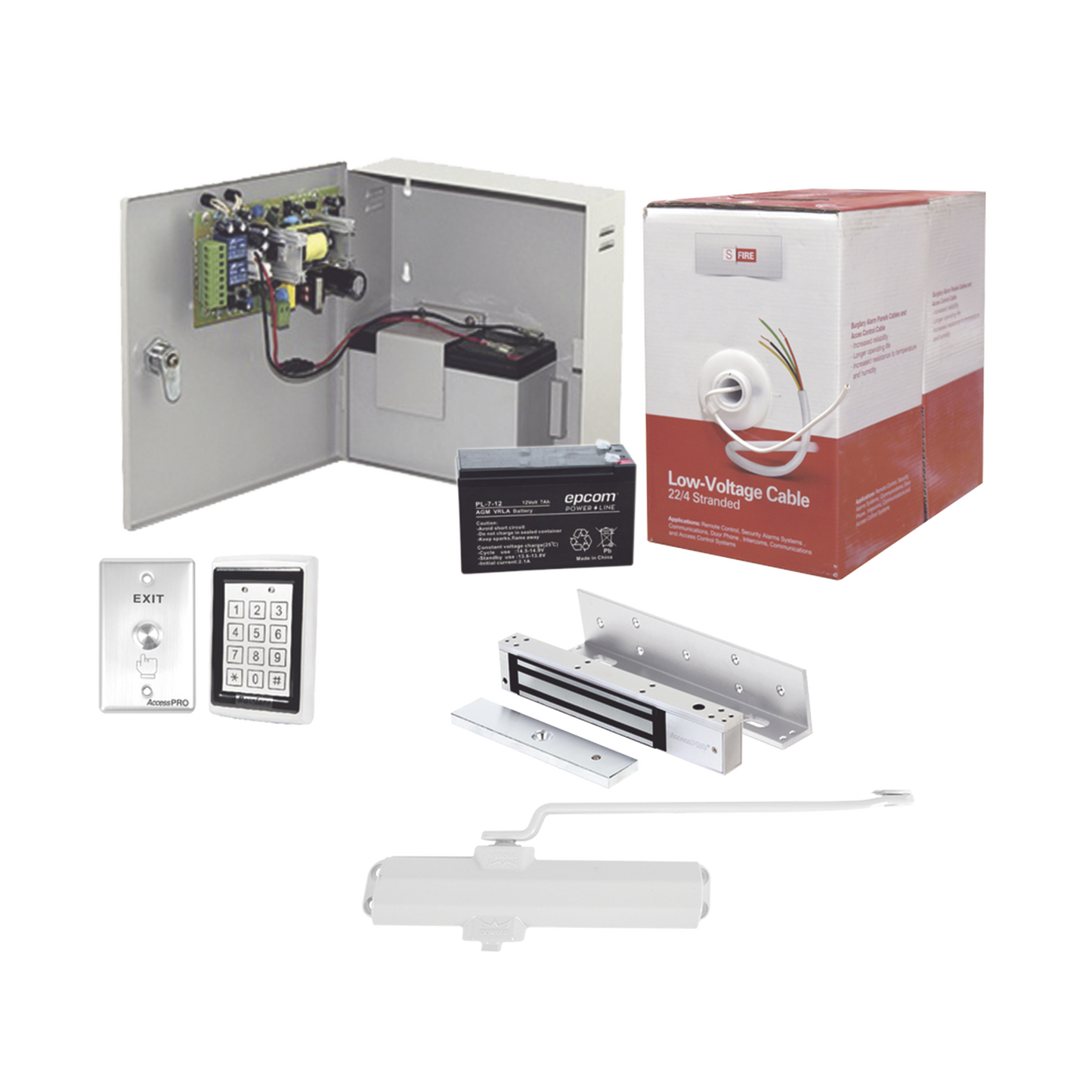 Sistema Completo de Acceso, Incluye Teclado Anti-Vandalico, Chapa magnética con bracket, Cierra puerta, Botón de Salida, Cable " Gratis ", y fuente profesional con BaterÃa