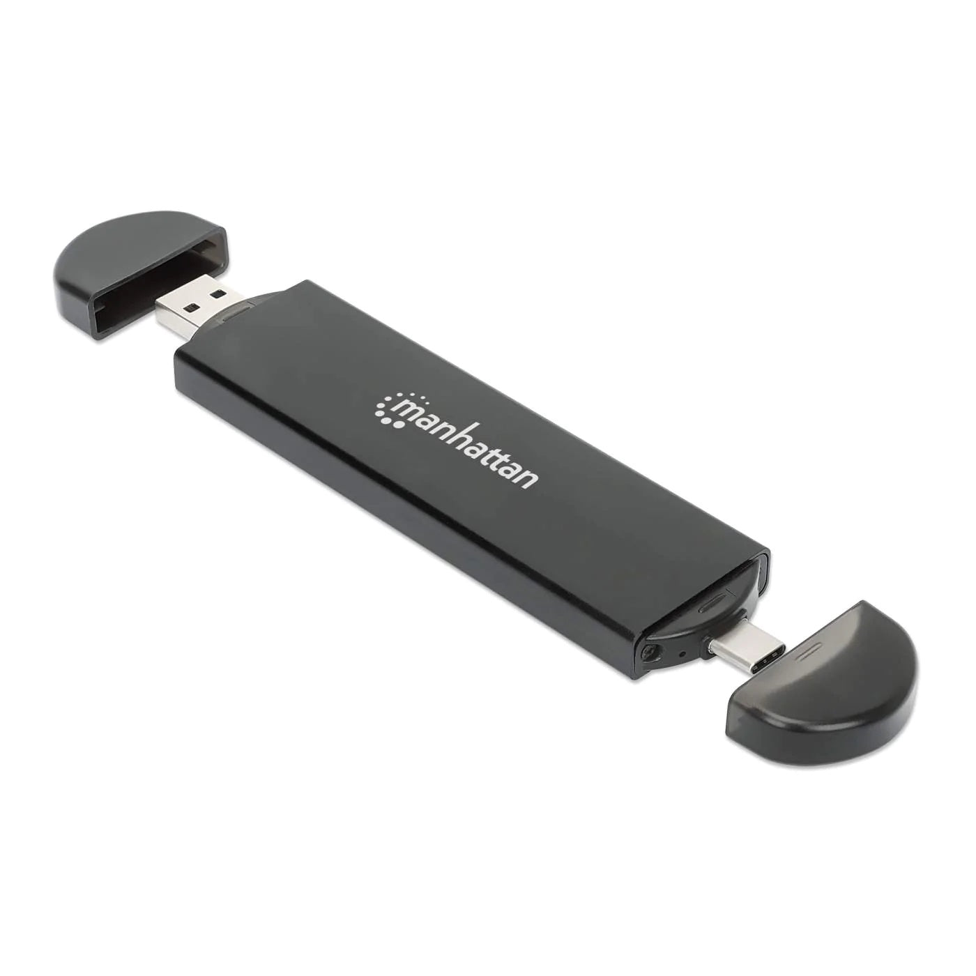 130639 Gabinete USB a SDD M.2 NVMe y SATA, Conector USB-C y USB-A integrado para una conexión de host versátil.
