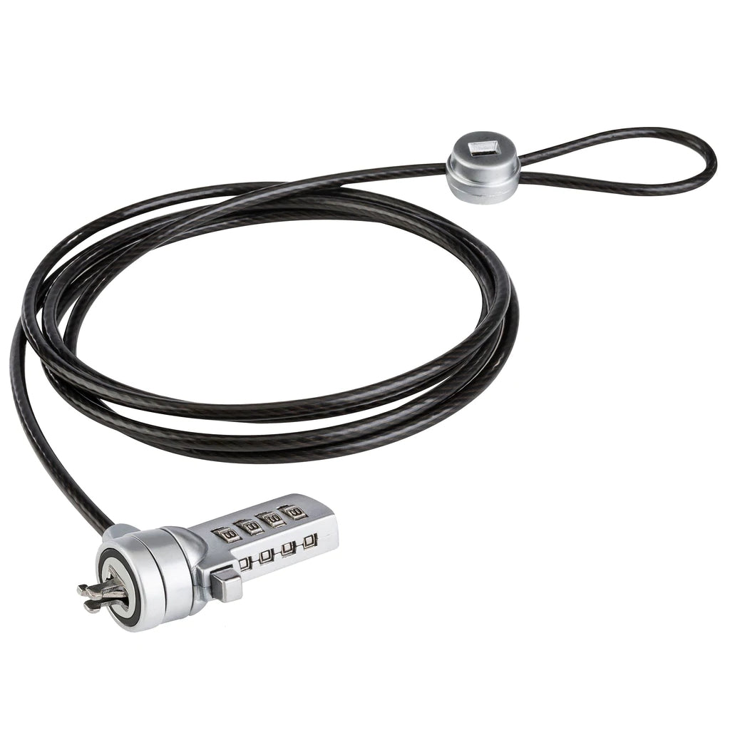 Candado de combinación TechZone con 3 cabezales distintos: Tipo T-Bar,Wedge Lock, Nano lock, 1.8 m de longitud/3mm, acero inoxidable recubierto en vinil