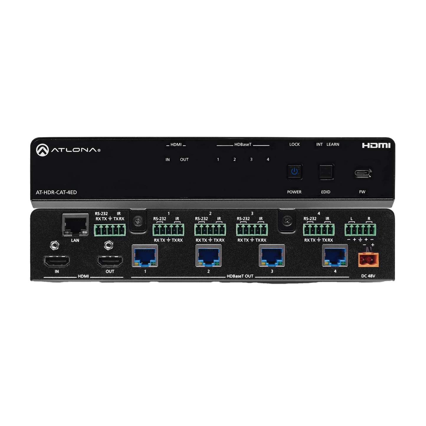 Amplificador de distribución de alto rango dinámico (HDR) con una entrada HDMI® y cuatro salidas HDBaseT™