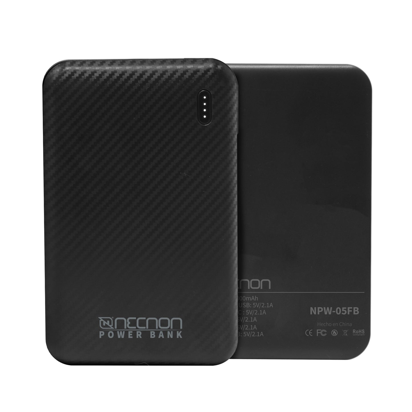 POWERBANK NPW-05FB Necnon 5000mAh CARGA 2.1A 1 A 2 CARGAS INDICADOR LED ENTRADA Y SALIDA TIPO C NEGRO CARGA ACELERADA NBPB0501FB