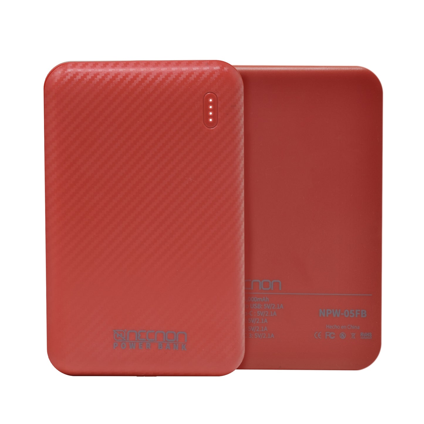 POWERBANK NPW-05FB Necnon 5000mAh CARGA 2.1A 1 A 2 CARGAS INDICADOR LED ENTRADA Y SALIDA TIPO C ROJO CARGA ACELERADA NBPB0502FB