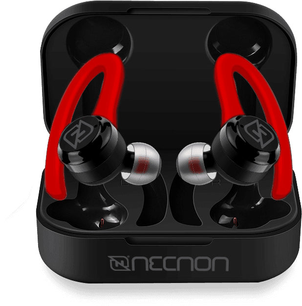 AUDIFONOS IN-EAR BLUETOOTH 5.1 TRUE WIRELESS SONIDO HI FI 30MAH CAJA DE CARGA 200MAH INDICADOR 4 LED CON OREJERA ANTI CAIDA NEGRO / ROJO