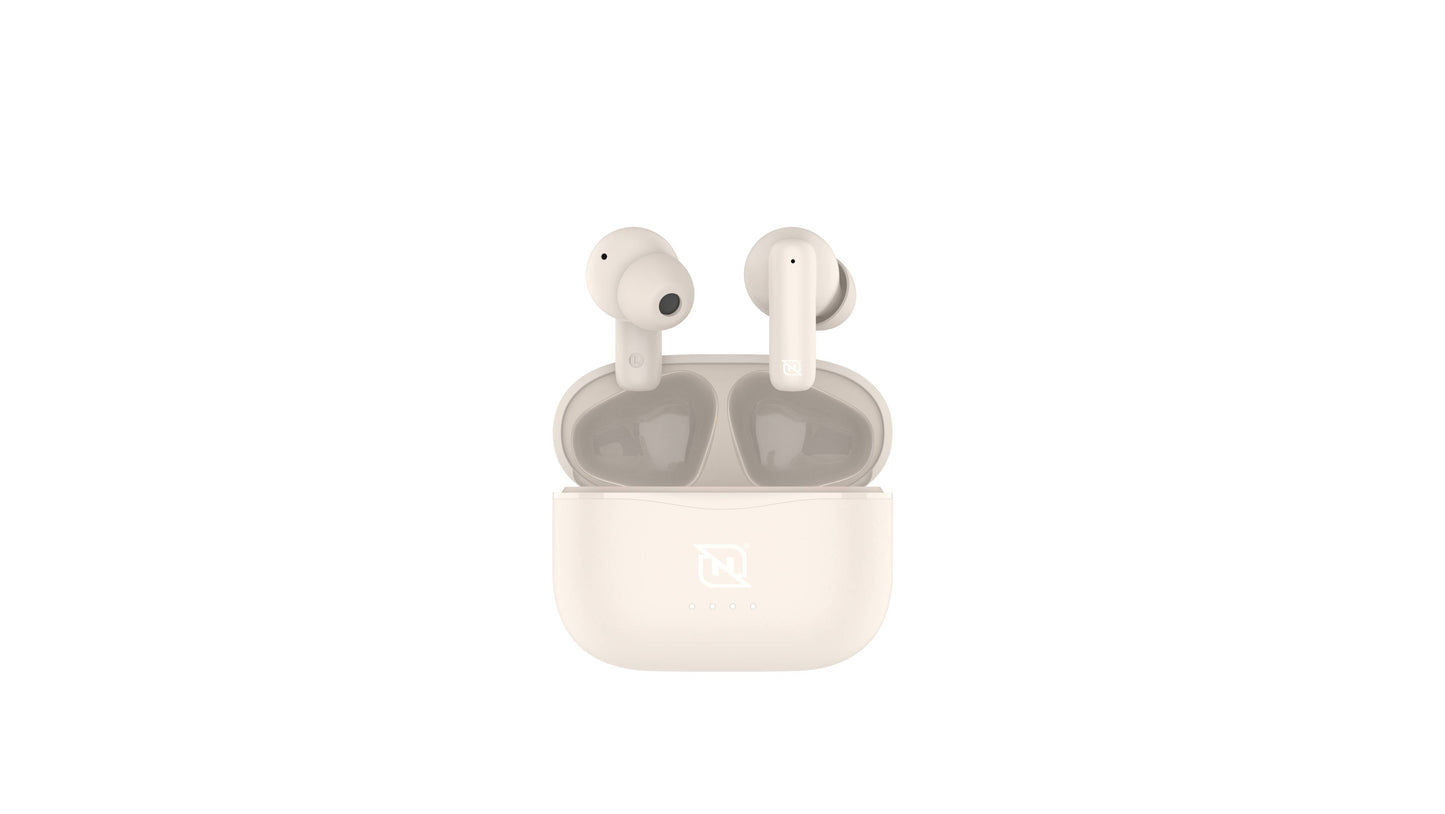 AUDIFONOS IN-EAR NTWS-103 BLUETOOTH 5.3 TWS SUPER BASS MANOS LIBRES HASTA 5 HRS DE DURACIÓN, 4 INDICADORES DE CARGA EN DOCK, BEIGE