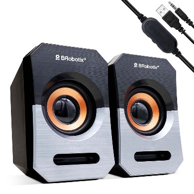 BOCINA ALAMBRICA, STEREO, USB + 3.5 MM, C/CONTROL DE VOLUMEN, ANTIDESLIZANTE, DE ESCRITORIO, P/PC/LAPTOP, NEGRO/PLATA, BROBOTIX 963913
