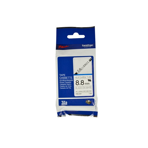Etiqueta blanca continua termoretráctil Brother HSE221, de 8.8 mm de diámetro X 1.5 mts de largo. Impresión en negro.