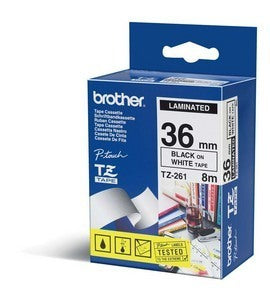 Etiqueta blanca continua laminada Brother TZE261, de 36 mm de ancho x 8 mts de largo. Impresión en negro.