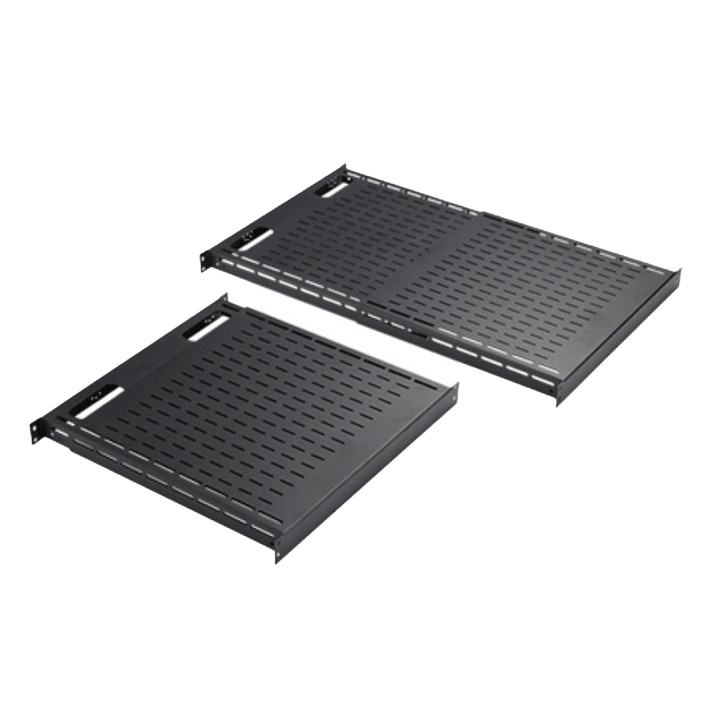 Charola Ventilada de Instalación sin Herramienta, Para Rack o Gabinetes de 4 Postes, Ajustable de 900 a 1200 mm de Profundidad, De Acero, Color Negro