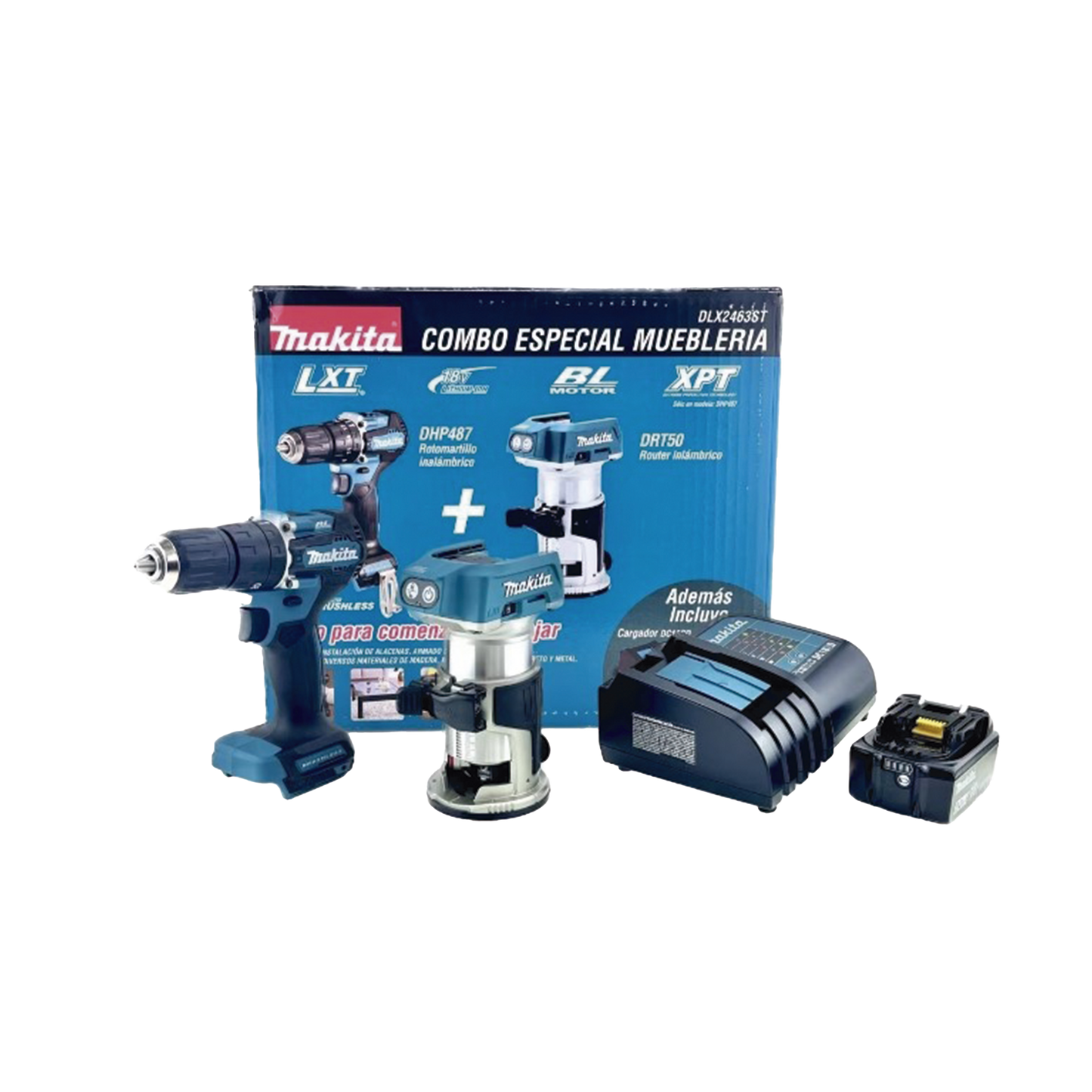 kit de Rotomartilló DHP487 +Fresadora Multifuncional DRT50, Incluye 1 Cargador Rápido DC18SD y 1 BaterÃa li-Ion de 5.0 Ah Modelo BL1850B.