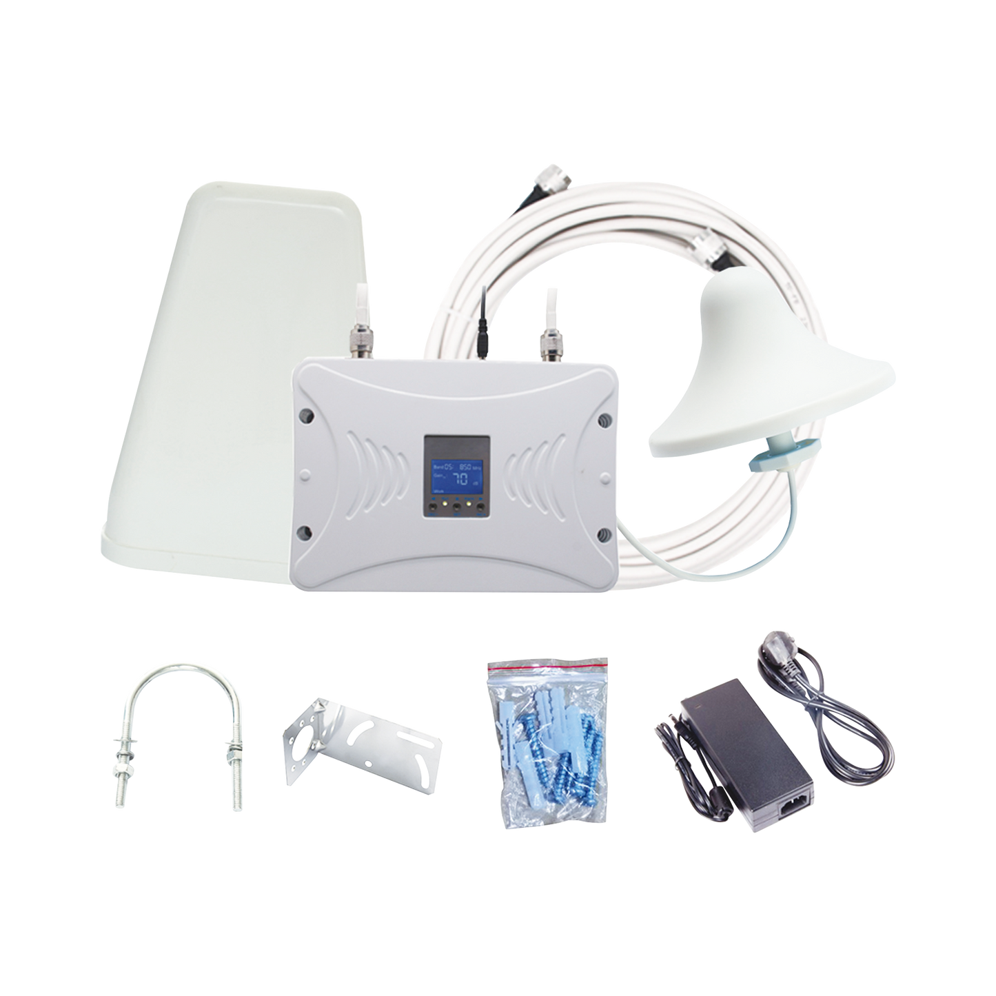 Kit Amplificador de Señal Celular 4.5G LTE, 3G y Voz. Funciona con Todos los Operadores. Soporta Múltiples Dispositivos y TecnologÃas. Hasta 1000 metros cuadrados de Cobertura