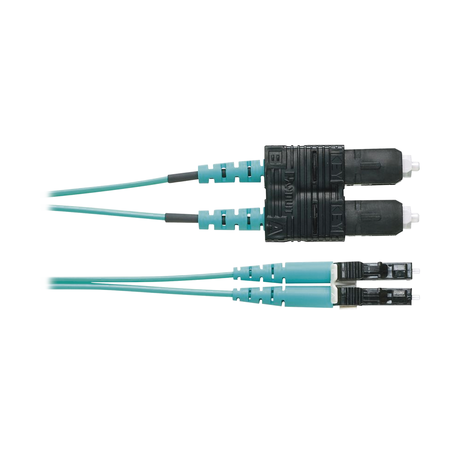 Jumper de Fibra Optica Multimodo 50/125 OM4, LC-SC Duplex, OFNR (Riser), Color Aqua, 3 Metros