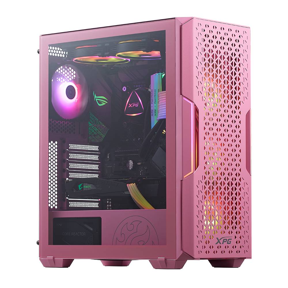 Gabinete GAMER XPG STARKER AIR, Media torre. Panel lateral vidrio templado. ATX, Micro-ATX y Mini-ITX. Filtro polvo extraible. ROSA. STARKERAIR-PKCUS