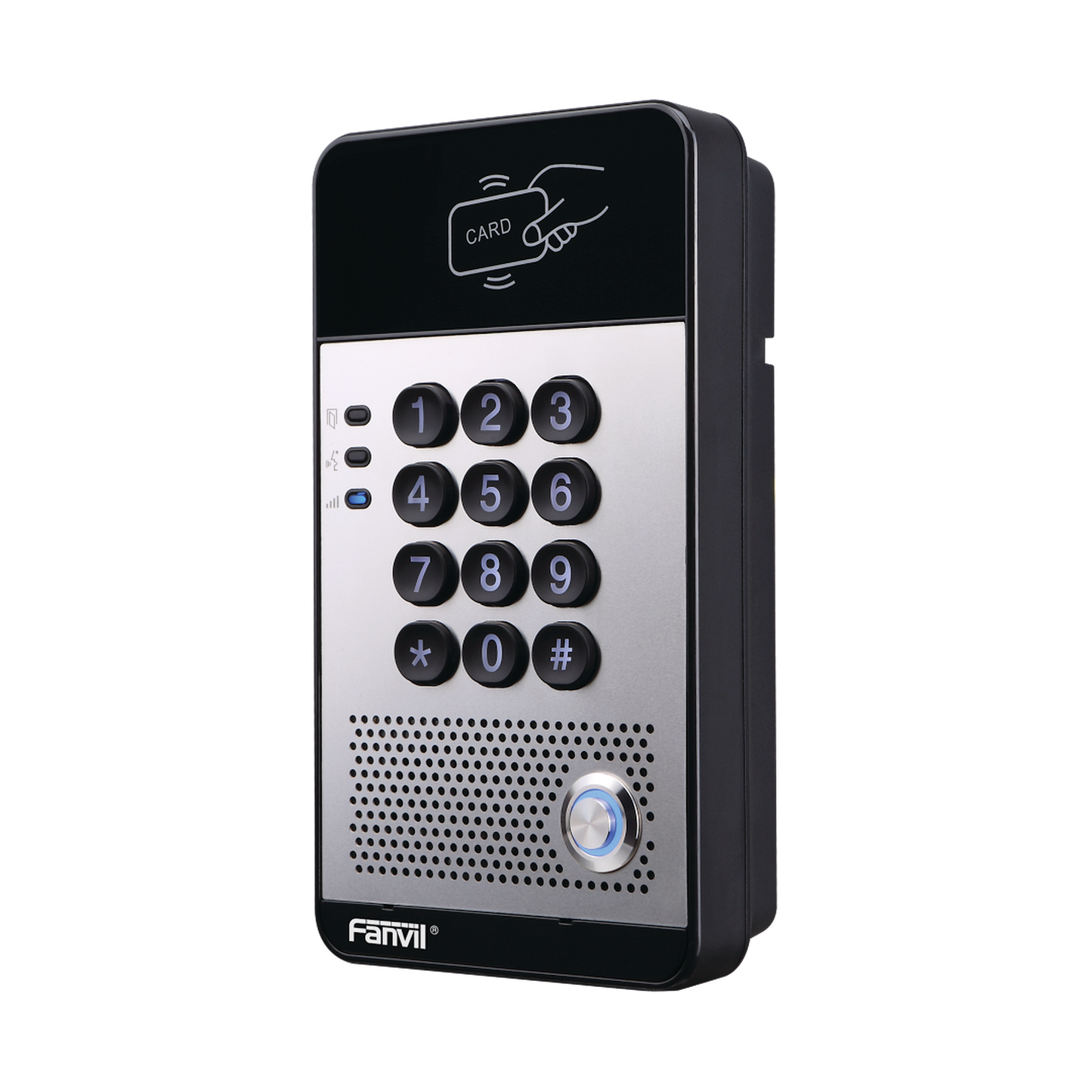 Audio Portero IP con 2 lÃneas SIP, relevador integrado, teclado numérico y lectora de tarjetas RFID para control de acceso, PoE