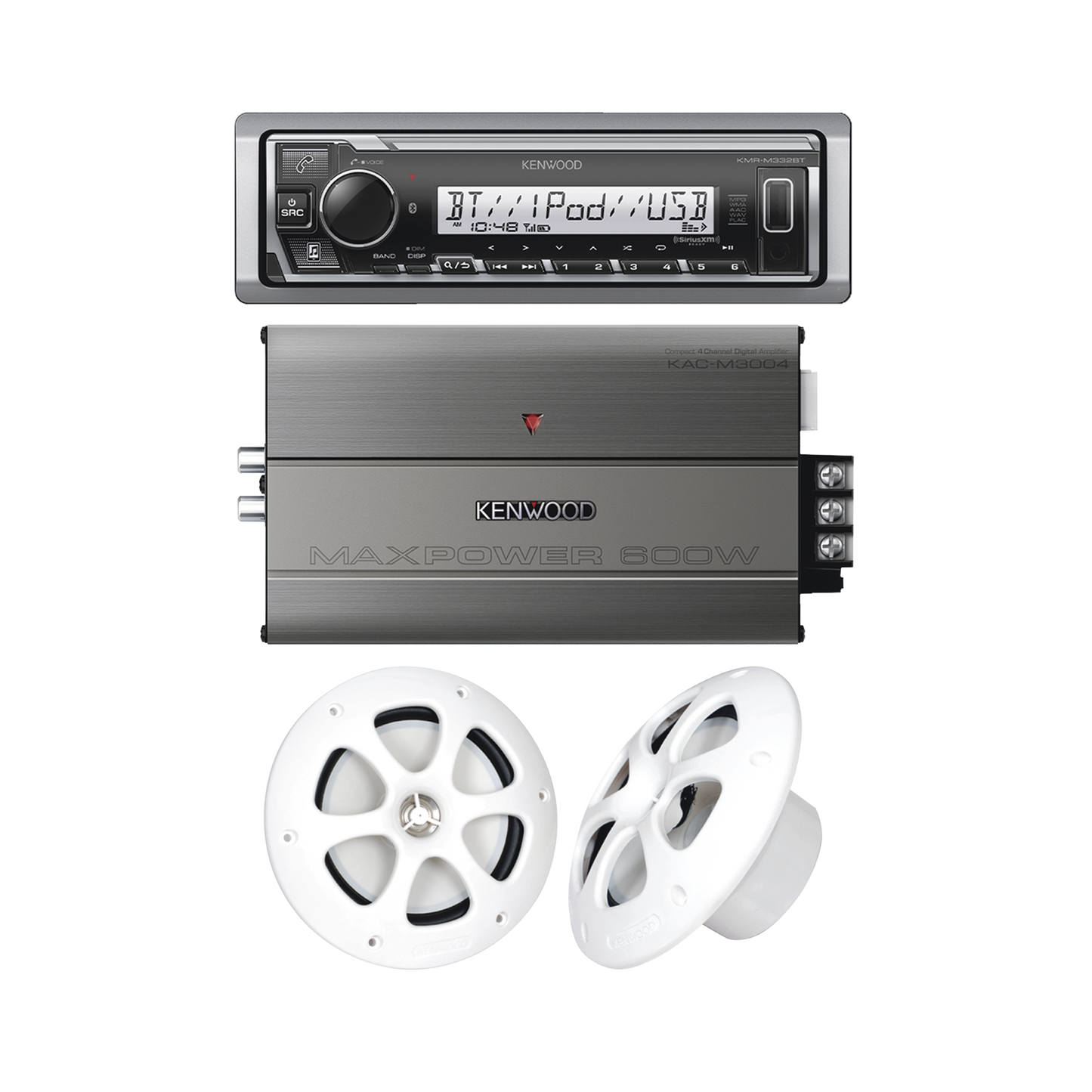 Kit de estereo con Bluetooth KMR-M332BT | Amplificador KAC-M3004 | mas Par de bocinas KFC-1613MRW