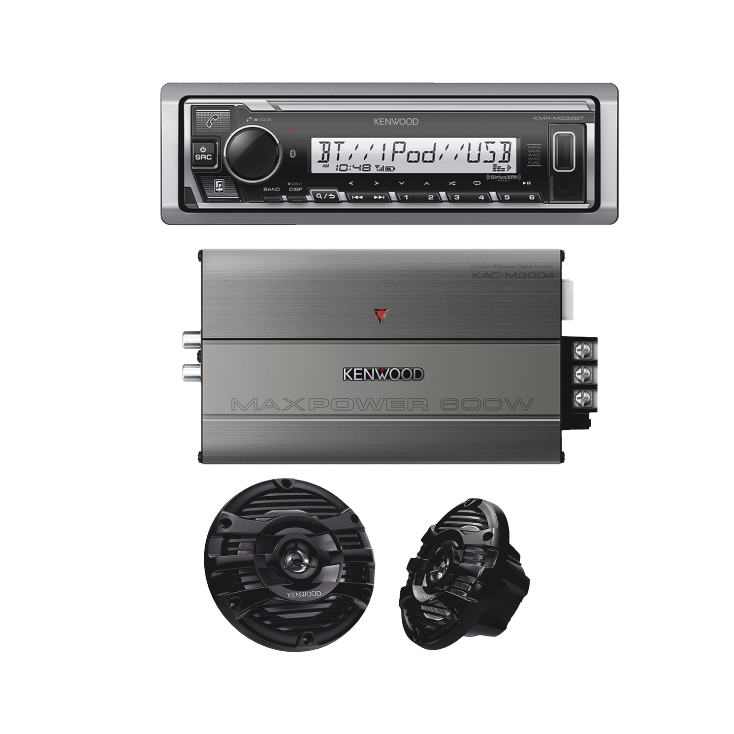Kit de estéreo con Bluetooth KMR-M332BT | Amplificador KAC-M3004 | más Par de bocinas KFC-1653MRB