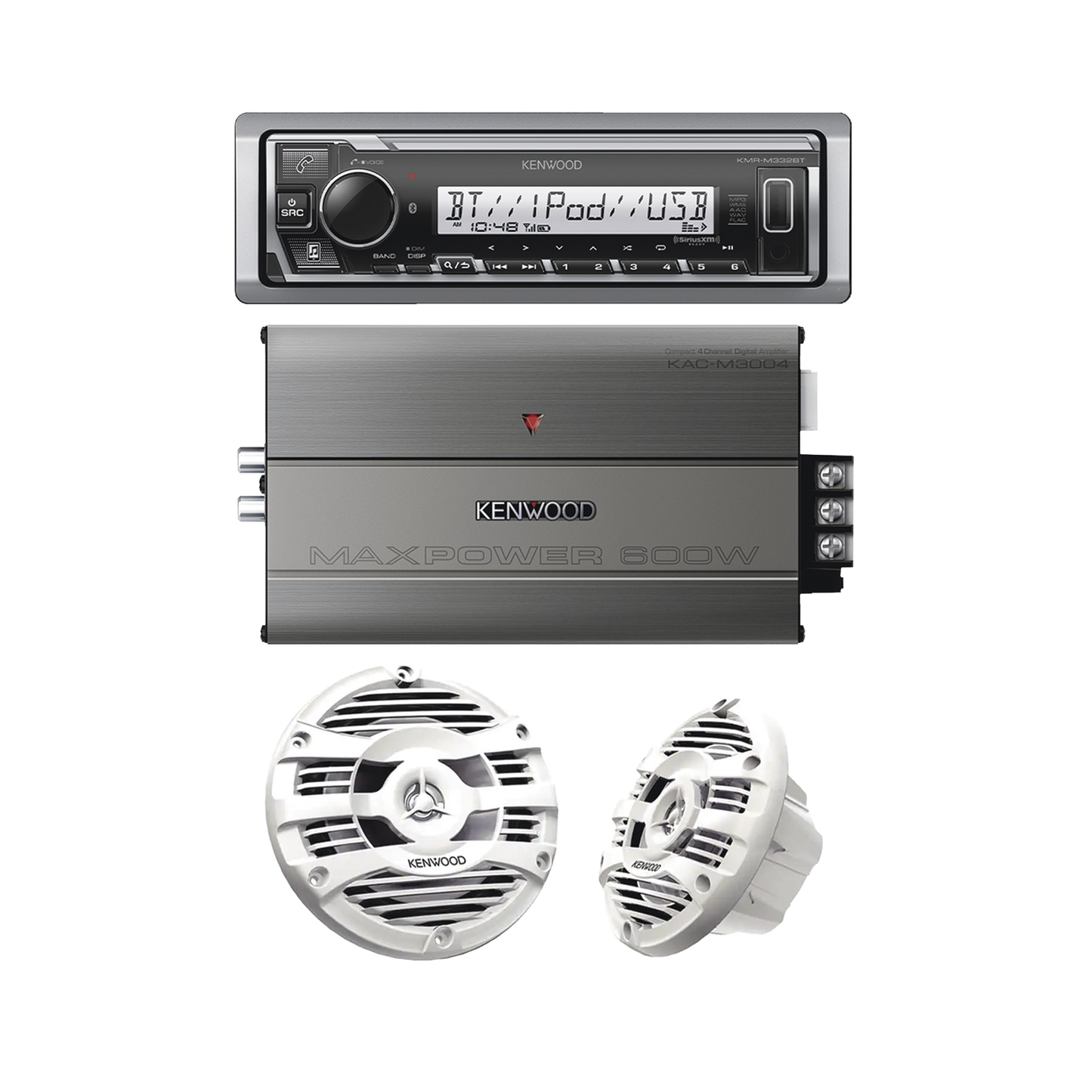 Kit de estéreo con Bluetooth KMR-M332BT | Amplificador KAC-M3004 | más Par de bocinas KFC-1653MRW