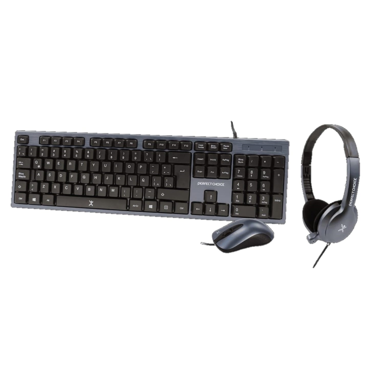 Kit Teclado+Mouse+Diadema para Oficina PERFECT CHOICE PC-201700, Negro, 1000 DPI