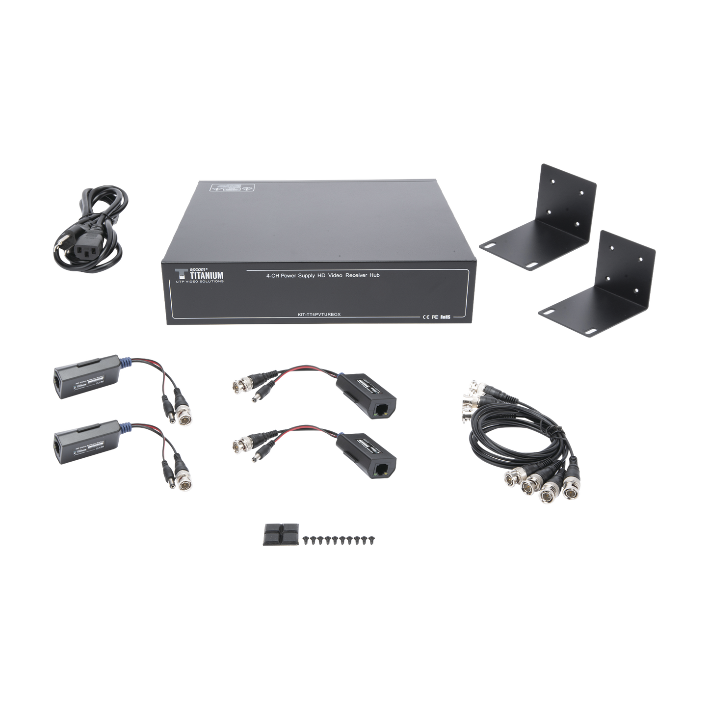 Kit de TRANSCEPTOR ACTIVO DE 4 CANALES / VIDEO+PODER en un solo Cable UTP / 150 metros en 4K, 200 metros en 5 MP/ EnvÃa 36 Vcc y Recibe 12 Vcc / TODO INCLUIDO PARA RACK / Compatible con cámaras HD-TVI/CVI/AHD/CVBS / INSTALACIÓN LIMPIA