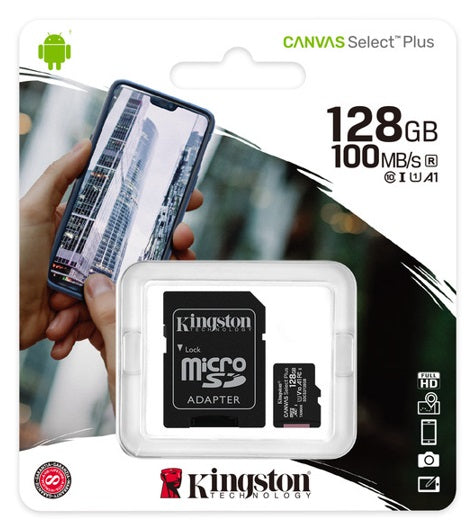 MEMORIA MICROSD KINGSTON CANVAS SELCT PLUS 128GB R.100MB/S CL10 UHS-I U1 V10 A1