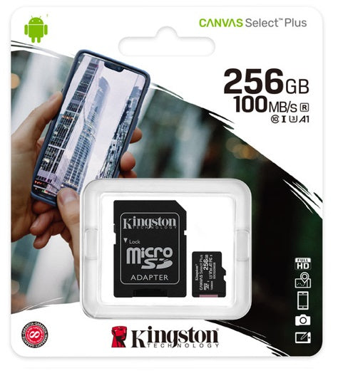 MEMORIA MICROSD KINGSTON CANVAS SELCT PLUS 256GB R.100MB/S W.85MB/S CL10 UHS-I U3 V30 A1