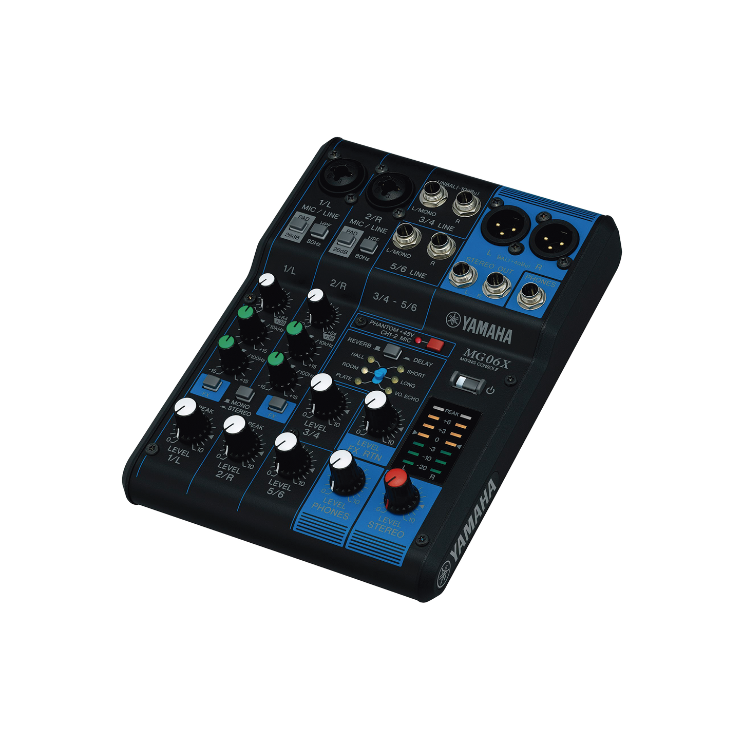 Mezcladora de Audio | 6 Canales | 2 entradas de micro/6 de lÃnea (2 mono + 2 estéreo) | Efectos Integrados | Alimentación Phantom