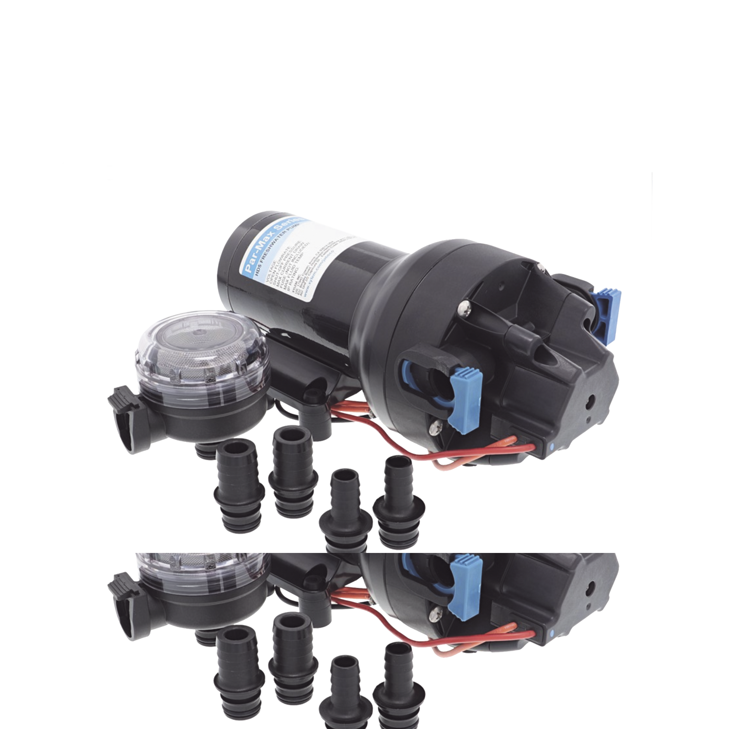 Bomba controlada por presión Par Max para trabajo pesado a 12 Vcd, caudal de 5 GPM, presión máxima 40 psi, para manguera de entrada con orificio de 38 mm (1½â€), manguera de descarga con orificio de 25 mm (1â€)