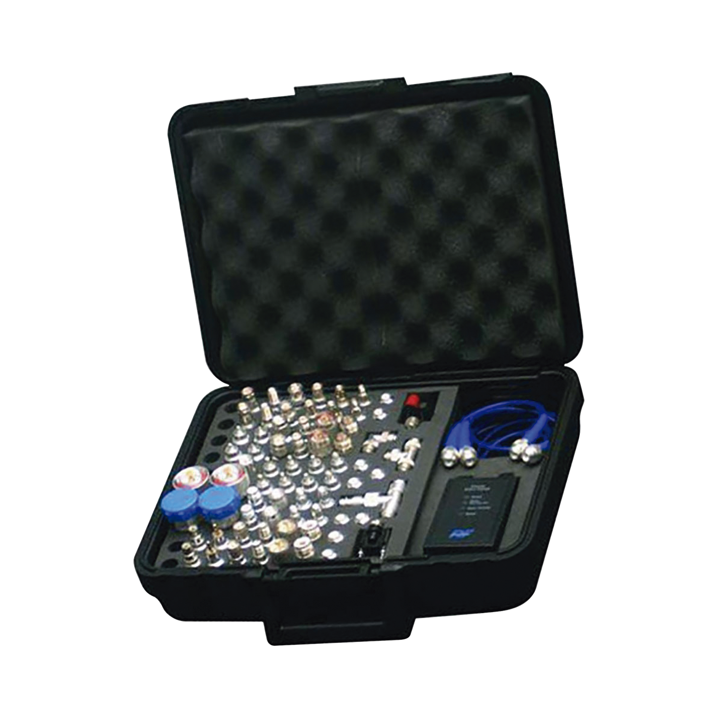 Mega Kit de Adaptadores UNIDAPT de 74 piezas, en conjunto todos los del RFA-4019 y RFA-4023-01 asà como 2 Cables UNIDAPT, un Barril-Machos y un Probador de Cables en un solo estuche con bisagras.