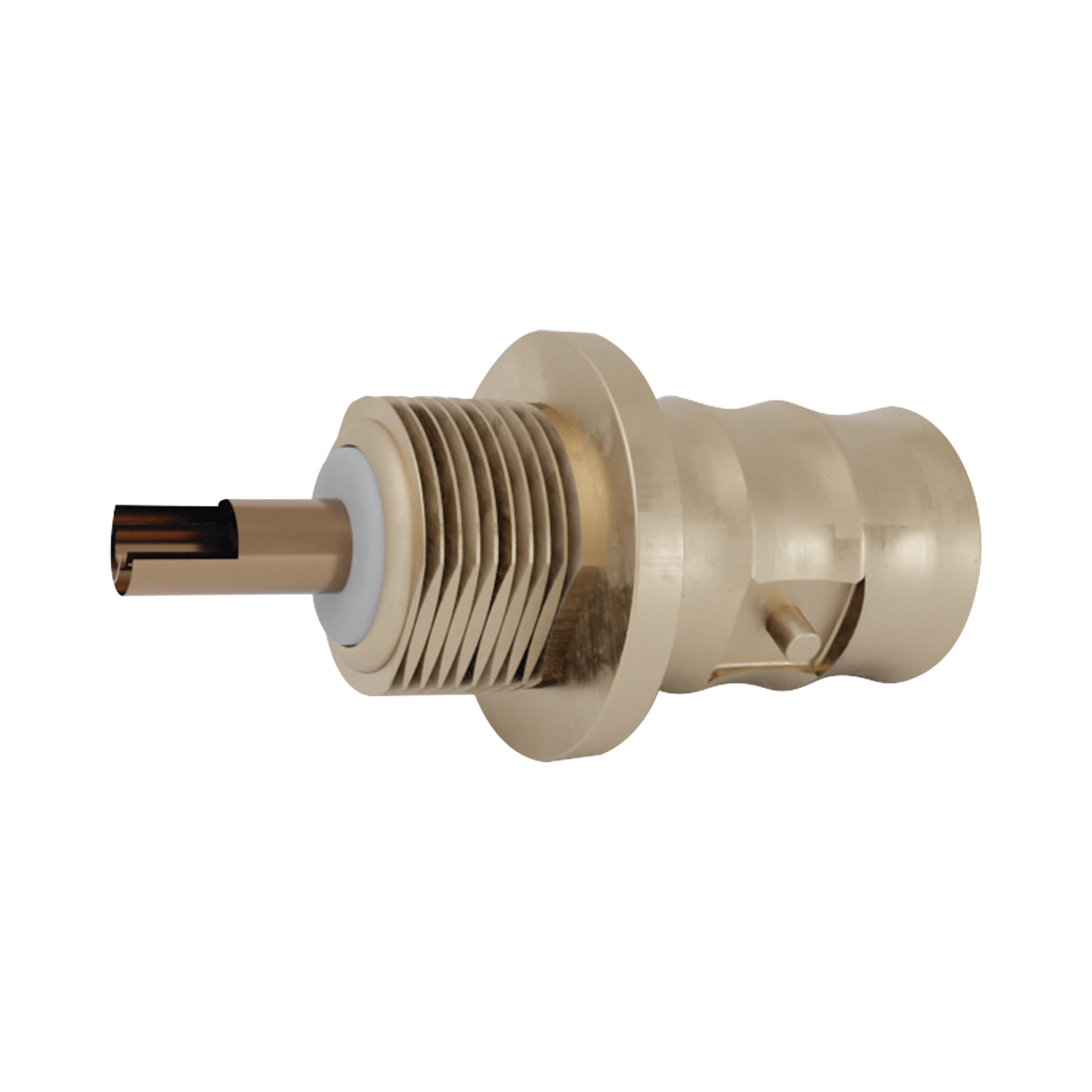 Conector BNC Hembra para Chasis, Soldable, Montaje Frontal D-Plano, Sin Herraje, NÃquel/ Oro/ Teflón.