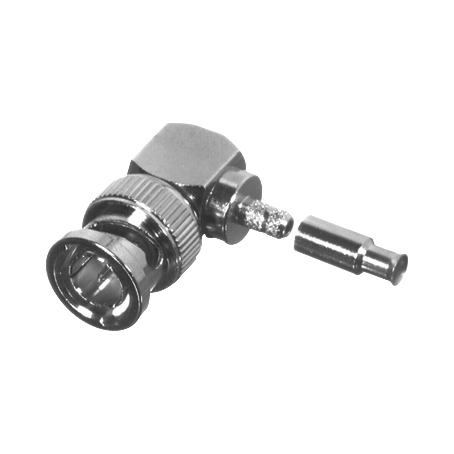 Conector BNC Macho en Ãngulo Recto para 75 Ohm, Anillo Plegable para Cable RG-179/U, Grupo S, NÃquel/ Oro/ Delrin.