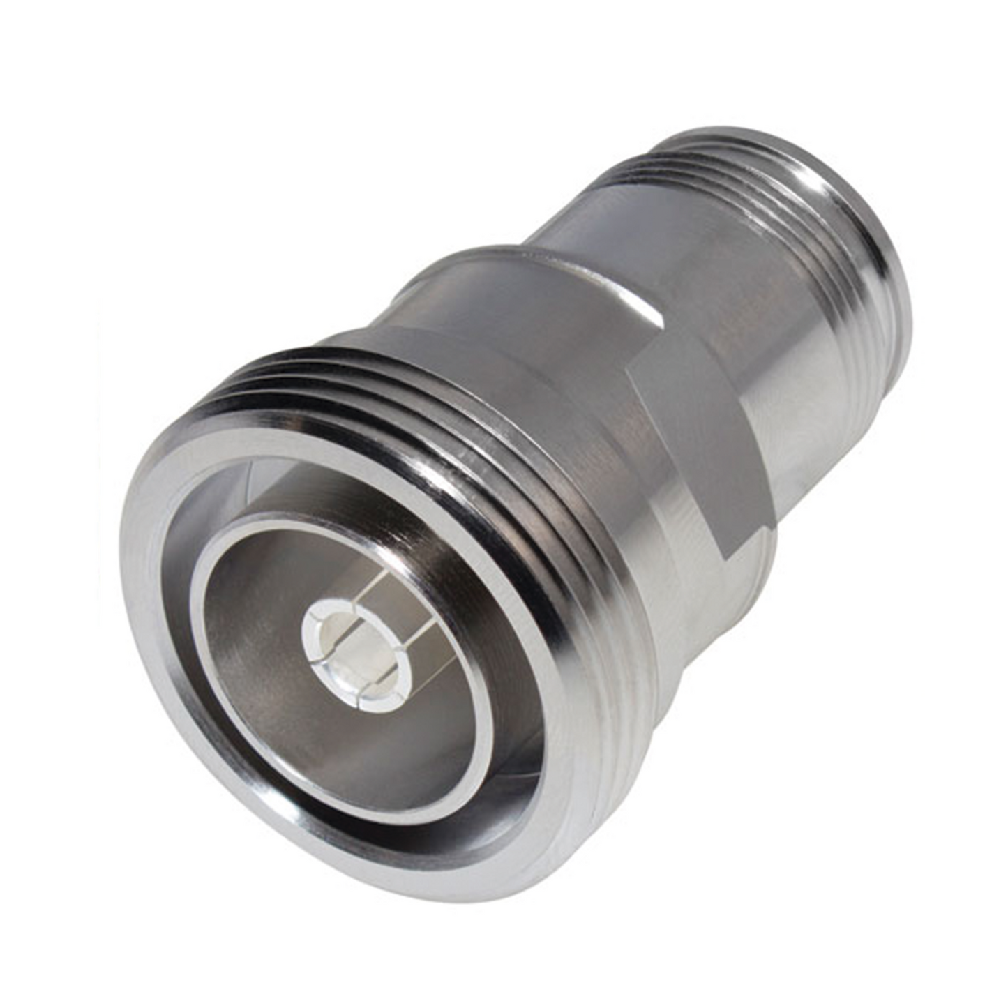 Adaptador en LÃnea de Conector DIN 7-16 Hembra a 4.3-10 Hembra, Bronce Blanco/ Plata/ Teflón.