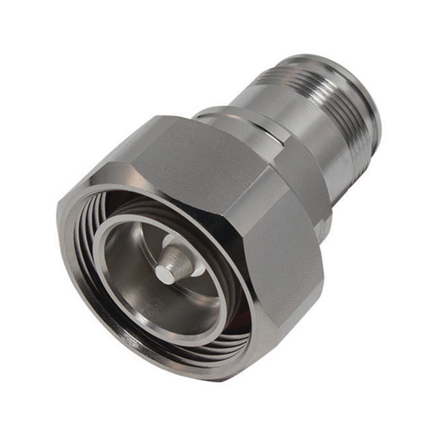 Adaptador en LÃnea de Conector DIN 7-16 Macho a 4.3-10 Hembra, Bronce Blanco/ Plata/ Teflón.