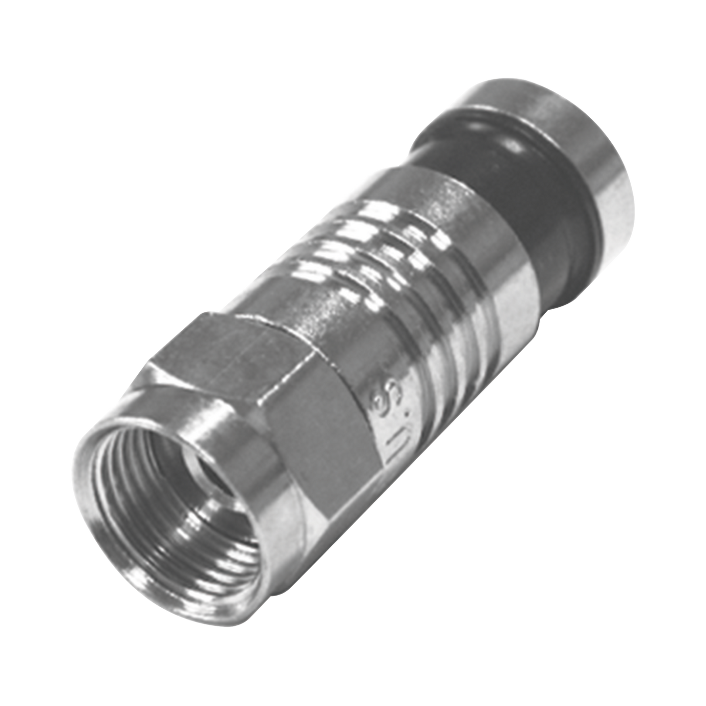 Conector F Macho Plegado Axial por Compresión para RG-59/U, Cuerpo en NÃquel y Banda Negra.